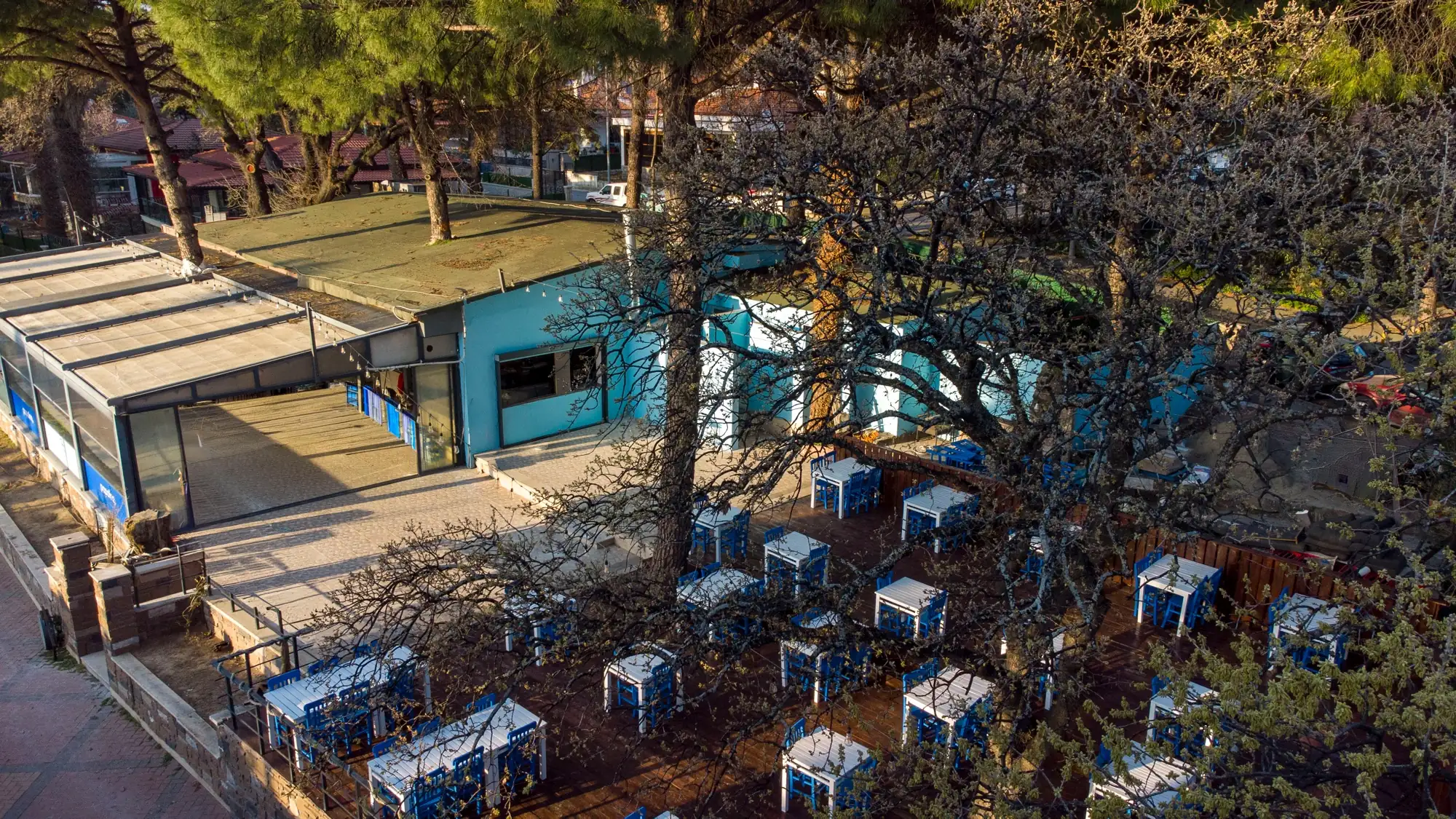 Çamların arasında, yukarıdan Papalina Balık Evi